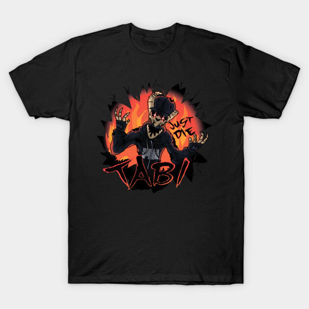 Black graphic T-shirt featuring bold "Tabi" illustration with vibrant red and orange accents, casual streetwear style.