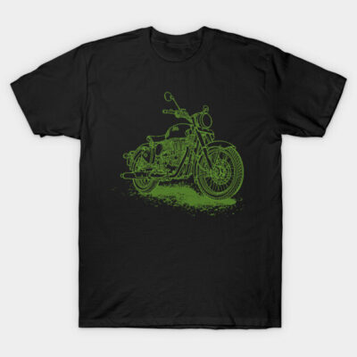 Black t-shirt with green motorcycle graphic, casual style, soft cotton material, ideal for everyday wear.