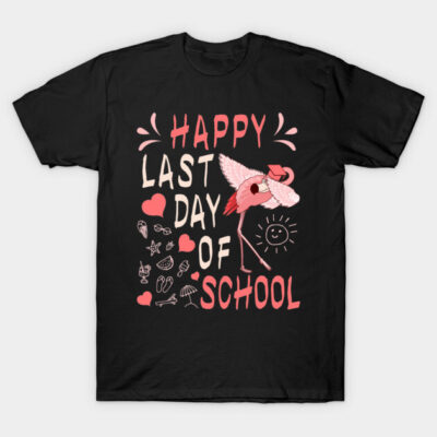 Black "Last Day of School" T-shirt with flamingo graphic, perfect for end-of-school celebrations.