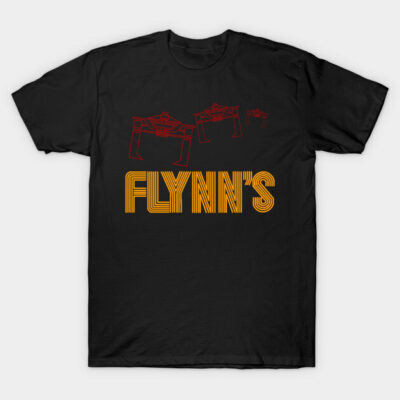 Black T-shirt with "FLYNN'S" in bold yellow text and red graphic design, casual wear, cotton material.