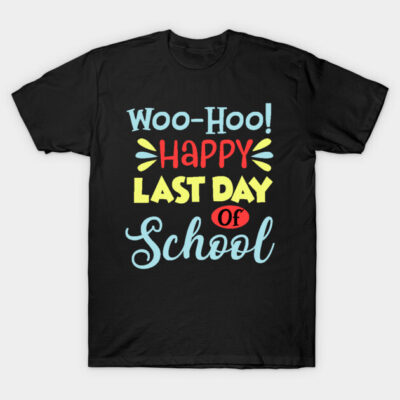 Black "Last Day of School" t-shirt with colorful text design, casual style, perfect for end-of-year celebrations.