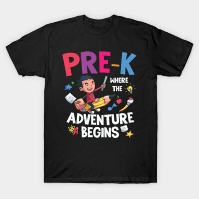 Black "Pre-K Adventure" T-shirt with colorful lettering and playful graphics, perfect for kids' casual wear.