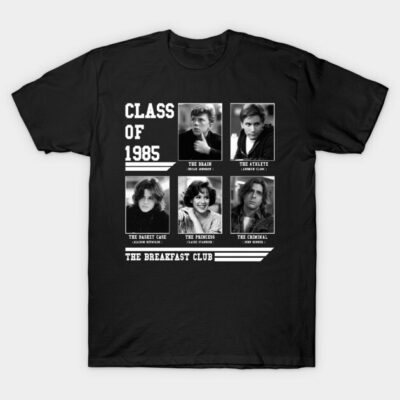Black "Class of 1985" t-shirt featuring vintage movie poster design, casual wear, cotton material.