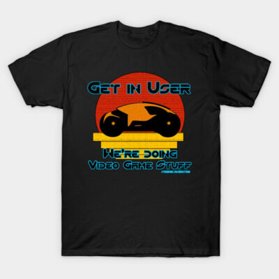 Black t-shirt with retro video game design, featuring a futuristic bike and sunset graphic, ideal for gaming enthusiasts.