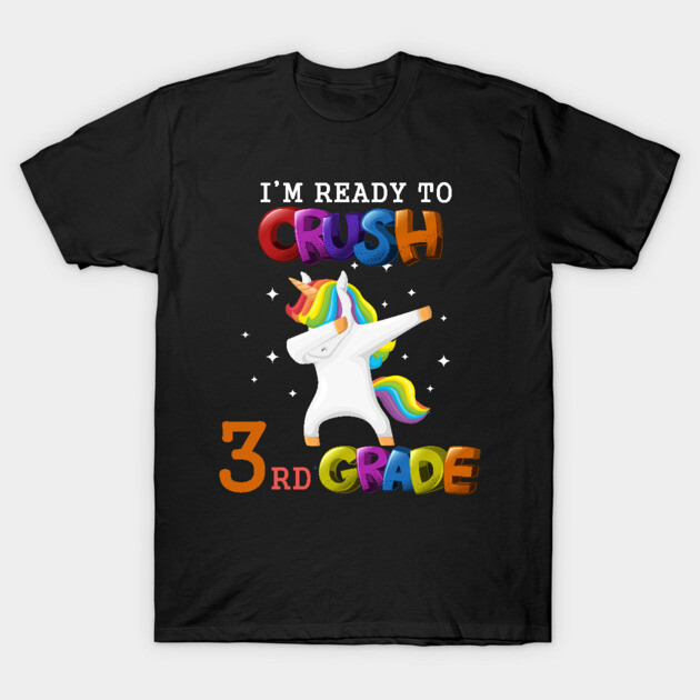 Black t-shirt with colorful unicorn print, "I'm Ready to Crush 3rd Grade," fun back-to-school style.