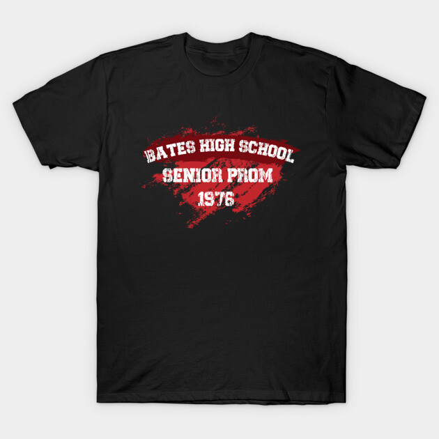 Black T-shirt with "Bates High School Senior Prom 1976" design in red and white text, casual cotton fabric.