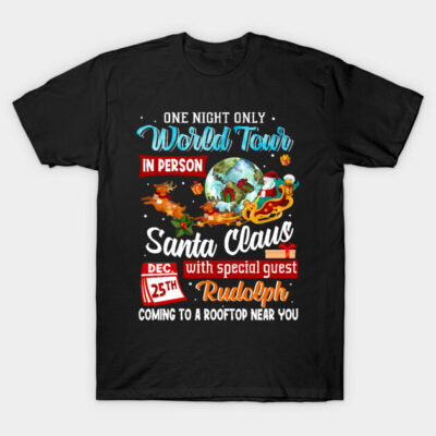Black Christmas t-shirt with colorful Santa Claus and reindeer design, festive holiday graphic, cotton material.