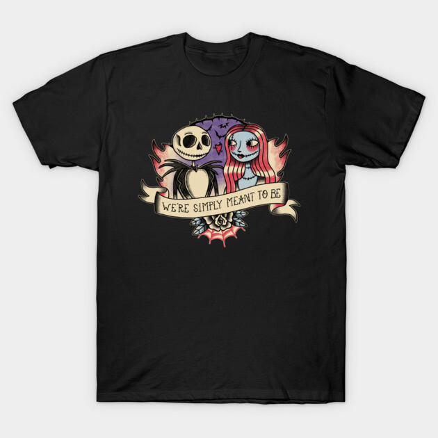 Black graphic T-shirt with colorful Halloween-themed design and text "We're Simply Meant to Be" on the front.