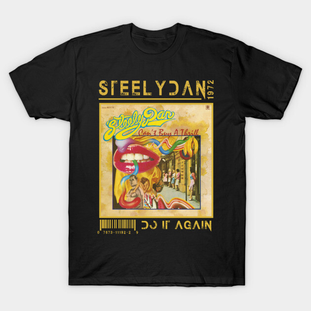 Black Steely Dan 1972 T-shirt featuring "Can't Buy a Thrill" album cover, vintage rock style, cotton material.