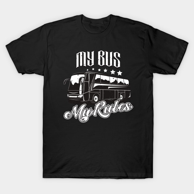 Black t-shirt with "My Bus My Rules" graphic, casual style, ideal for bus enthusiasts, cotton material.