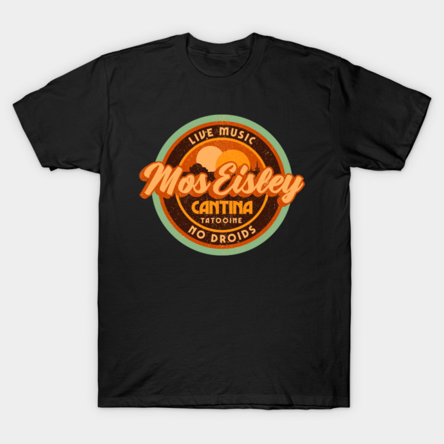 Black graphic t-shirt with retro sci-fi cantina design, featuring bold orange and yellow text. Casual wear.