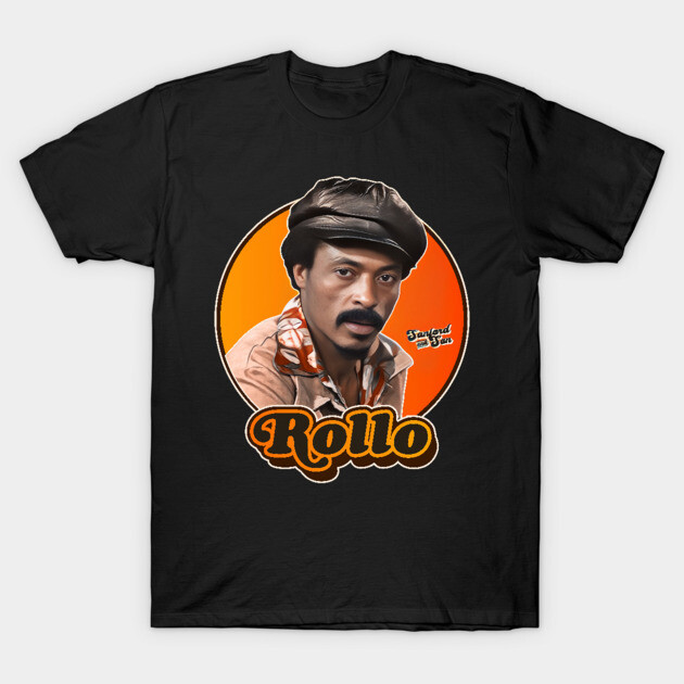 Black graphic T-shirt featuring retro design with bold text "Rollo," ideal for casual wear, made of soft cotton.