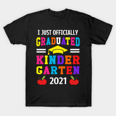 Black t-shirt with colorful "I Just Officially Graduated Kindergarten 2021" text and apple graphics.