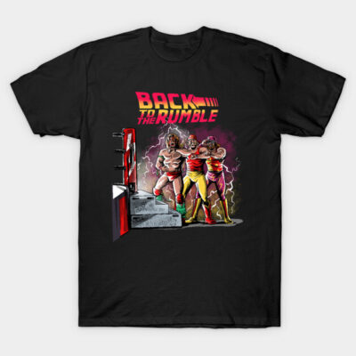 Black "Back to the Rumble" graphic T-shirt featuring wrestling ring design, ideal for casual wear and wrestling fans.