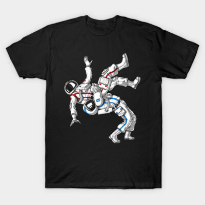 Black t-shirt featuring a colorful astronaut wrestling graphic, casual wear, cotton material.