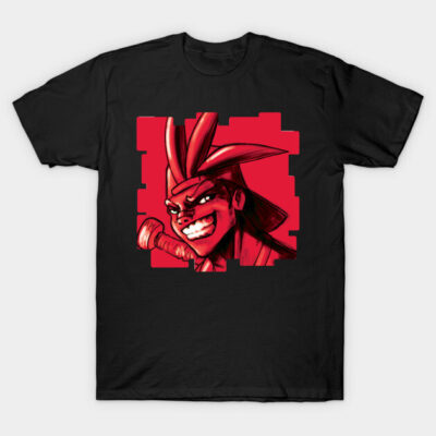 Black graphic t-shirt featuring bold red and black anime-style character design, perfect for casual wear.