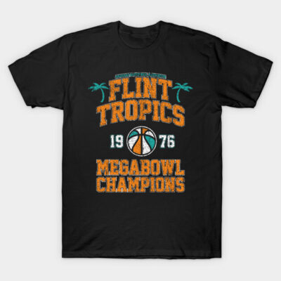 Black Flint Tropics t-shirt, vintage style with orange text and basketball graphic, casual wear for sports fans.