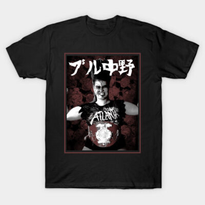 Black graphic t-shirt featuring bold Japanese text and wrestler design, casual streetwear style, cotton material.