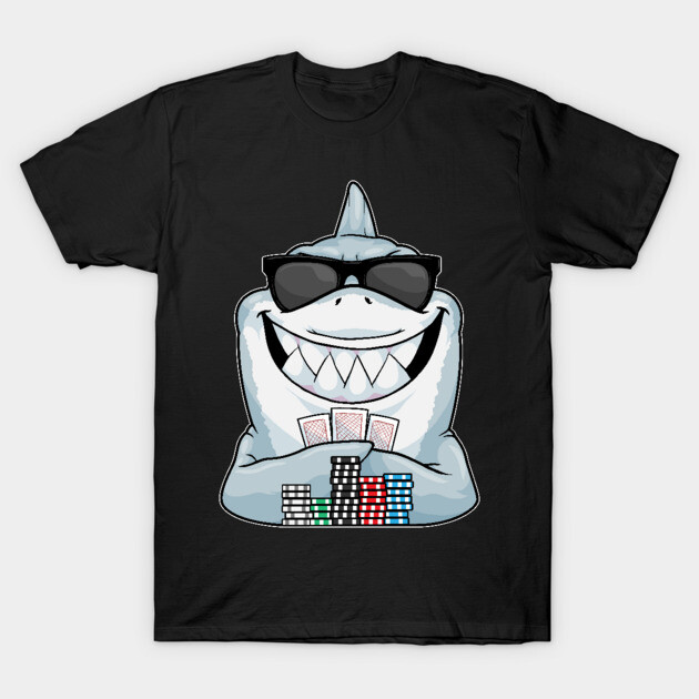 Black t-shirt with cartoon shark wearing sunglasses, holding poker chips and cards. Fun and casual style, cotton material.