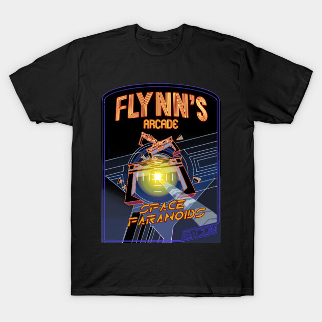 Black retro arcade graphic t-shirt featuring colorful neon design, perfect for casual wear and gaming enthusiasts.