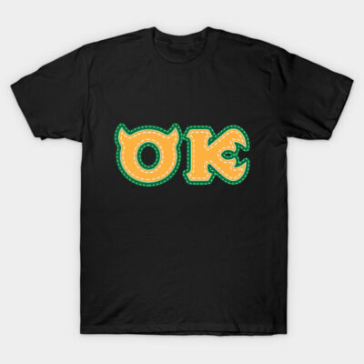 Black T-shirt with "OK" in bold orange and green lettering, casual style, cotton material, unisex design.