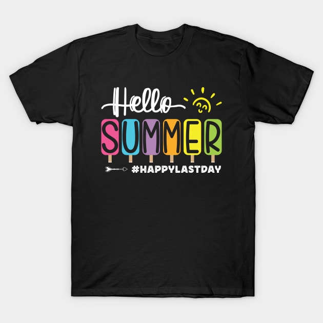 Black t-shirt with "Hello Summer" colorful popsicle print, casual summer wear, cotton material, hashtag design.