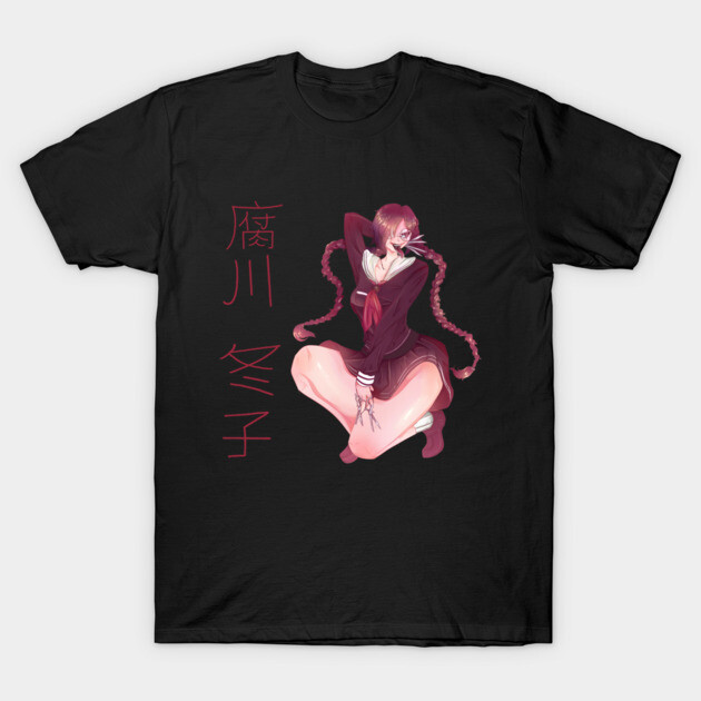Black anime-themed t-shirt featuring character design with pink accents and Japanese text, perfect for casual wear.
