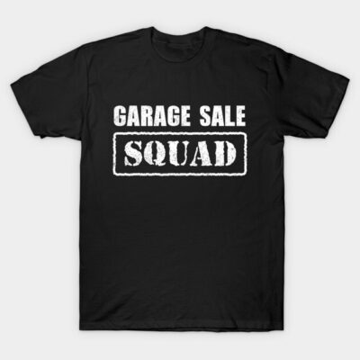 Black "Garage Sale Squad" T-shirt, bold white text, casual style, cotton material, perfect for casual wear or events.