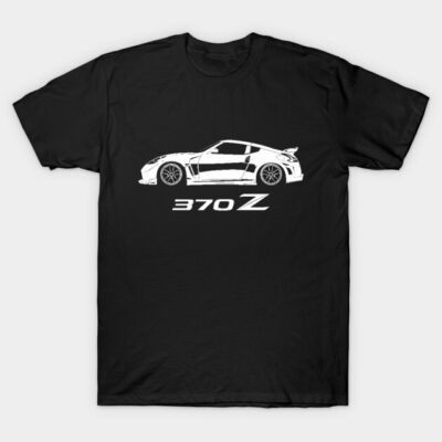 Black T-shirt with white sports car graphic and "370Z" text, casual wear, 100% cotton, unisex style.