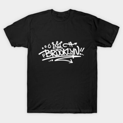 Black t-shirt with white "Brooklyn" graffiti design, casual streetwear style, 100% cotton, unisex fit.