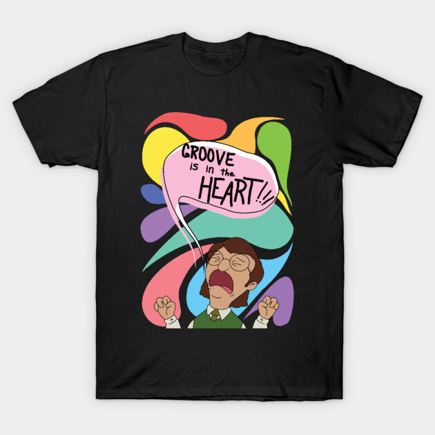 Black graphic T-shirt with colorful abstract design and "Groove is in the Heart" text, casual wear.