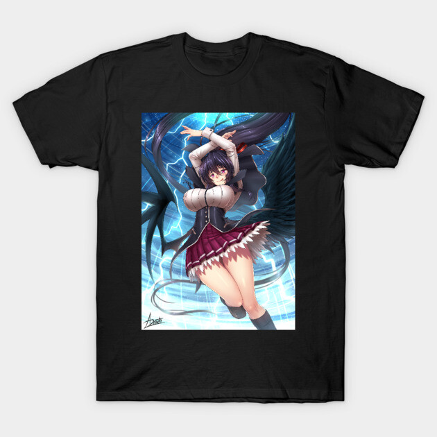 Black T-shirt featuring anime-style character with wings and blue background, perfect for casual wear or gifting.