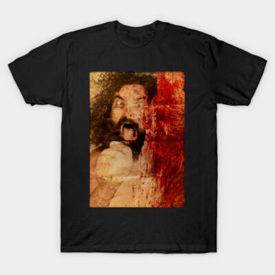 Black graphic t-shirt with bold design featuring expressive artwork, perfect for casual wear or unique gifting.