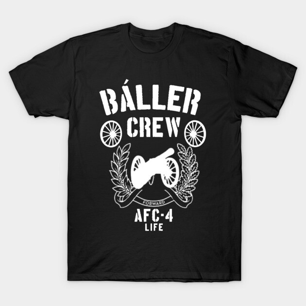 Black "Baller Crew" T-shirt with white graphic design, featuring a cannon and text "AFC 4 Life," casual cotton style.