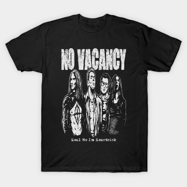 Black graphic tee with "No Vacancy" slogan, featuring monochrome band illustration, casual cotton material.