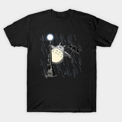 Black graphic t-shirt featuring a whimsical rain scene with a street lamp and umbrella illustration, casual cotton wear.