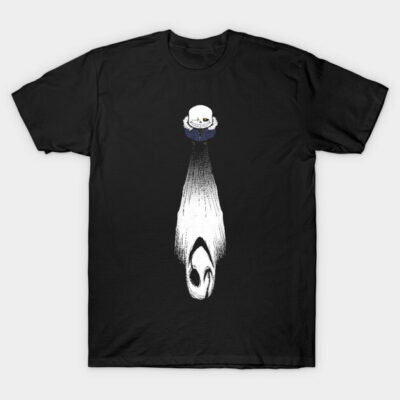 Black t-shirt with abstract white and blue graphic design, casual style, cotton material. Perfect for everyday wear.