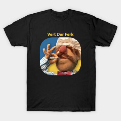 Black novelty t-shirt with colorful cartoon chef graphic and "Vert Der Ferk" text, perfect for casual wear.