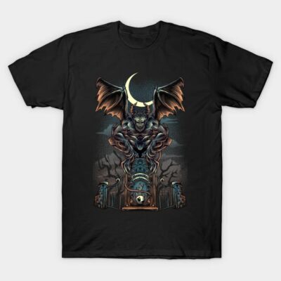 Black T-shirt with gothic design featuring a winged creature and crescent moon, perfect for casual wear.
