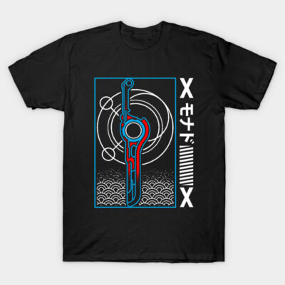 Black t-shirt featuring a futuristic red and blue sword graphic with geometric patterns, ideal for casual wear.