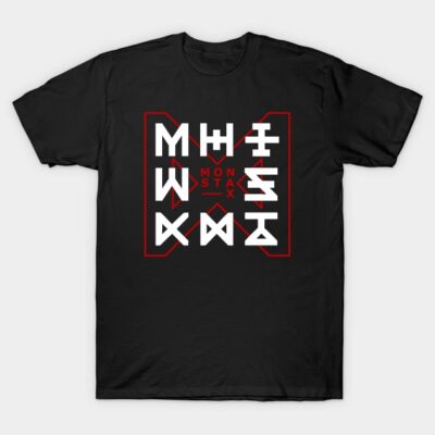 Black graphic t-shirt with bold red and white geometric design, casual style, suitable for everyday wear.