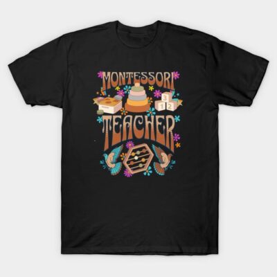 Black Montessori teacher t-shirt with colorful educational-themed graphic, ideal for educators, 100% cotton.
