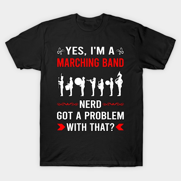 Black t-shirt with "Yes, I'm a Marching Band Nerd" text in white and red, featuring musician silhouettes.