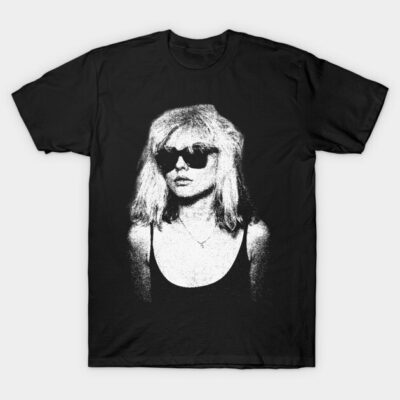 Black graphic t-shirt with vintage-style print of a person wearing sunglasses, casual fashion, unisex cotton material.