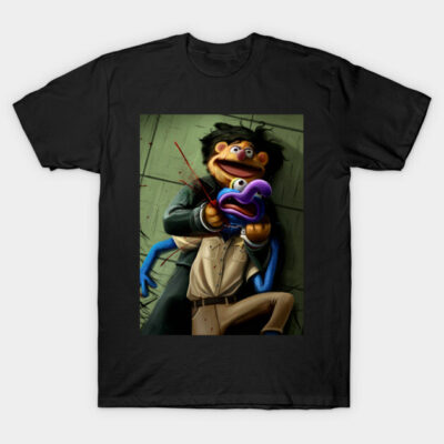 Black T-shirt featuring colorful, artistic puppet design, perfect for casual wear and showcasing unique style.