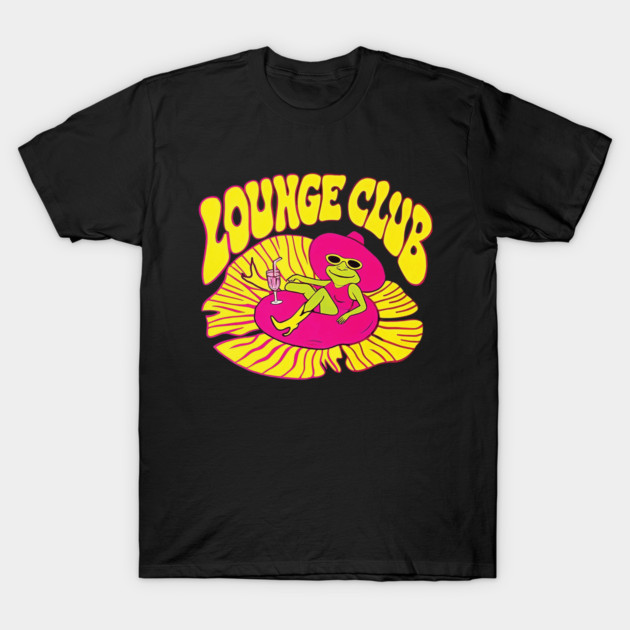 Lily Pad Lounge – Frog in Sunnies Tee T-Shirt 1 Black "Lounge Club" T-shirt with vibrant frog graphic, casual style, ideal for relaxed wear, soft cotton material.