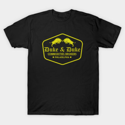 Black cotton t-shirt with yellow "Duke & Duke Commodities Brokers" logo, casual wear, unisex style.