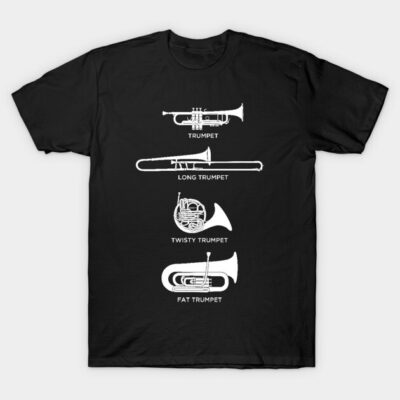 Black t-shirt featuring white trumpet illustrations, showcasing different styles. Ideal for music lovers and casual wear.