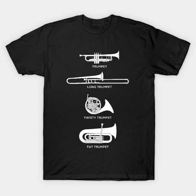 Black t-shirt featuring white trumpet illustrations, showcasing different styles. Ideal for music lovers and casual wear.