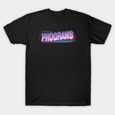 Black graphic t-shirt with retro "Greetings Programs" text design, casual style, ideal for everyday wear.